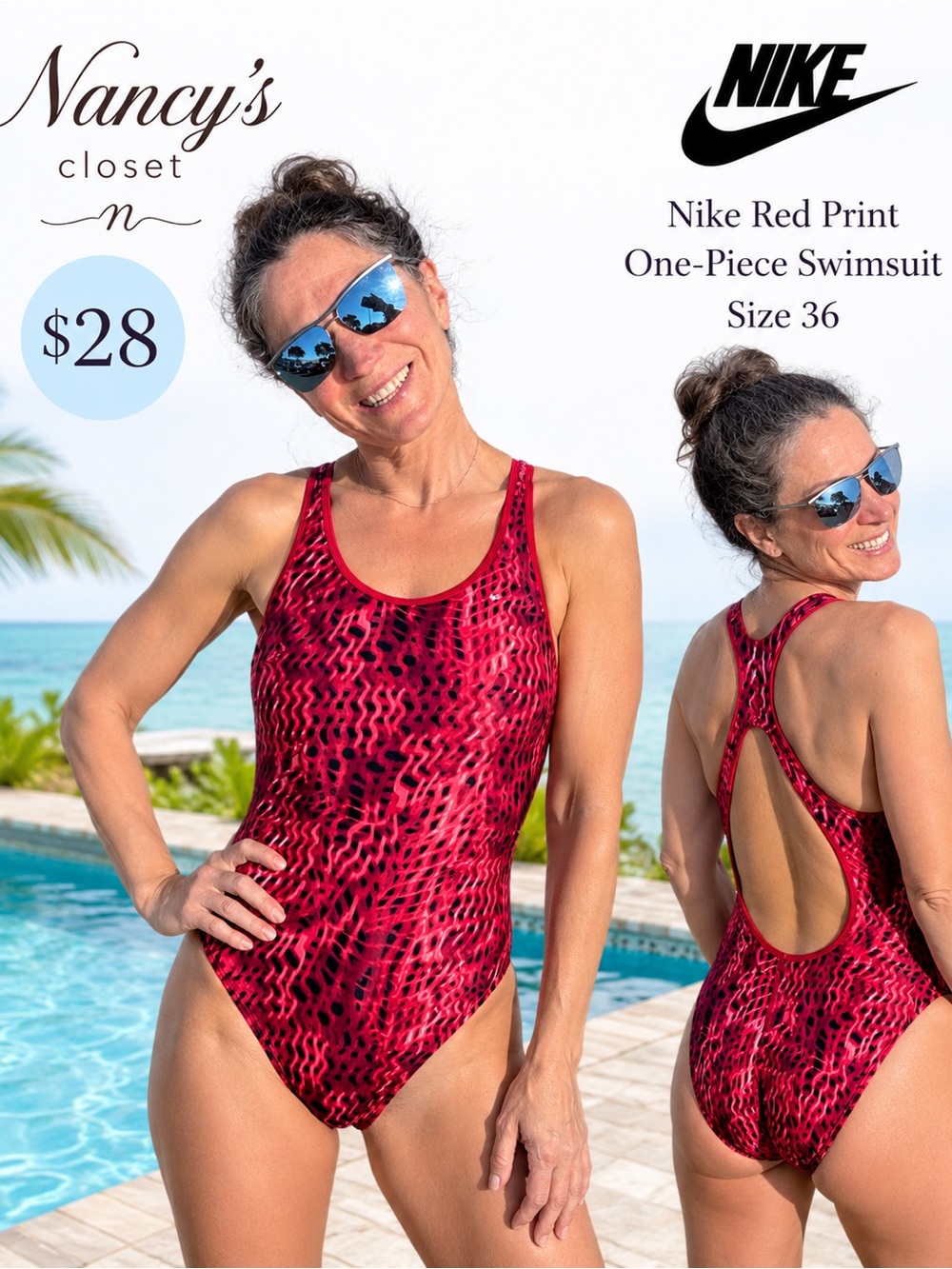 Nike Red & Black Print Racerback One-Piece Swimsuit Size 36 -M